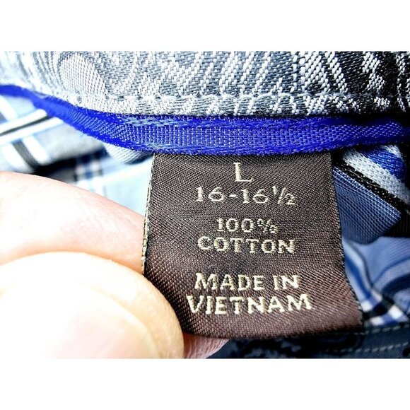 Tasso Elba Size Large 16-16.5 Men's Blue White Black Gray Check Cotton Shirt NWT - Picture 4 of 11